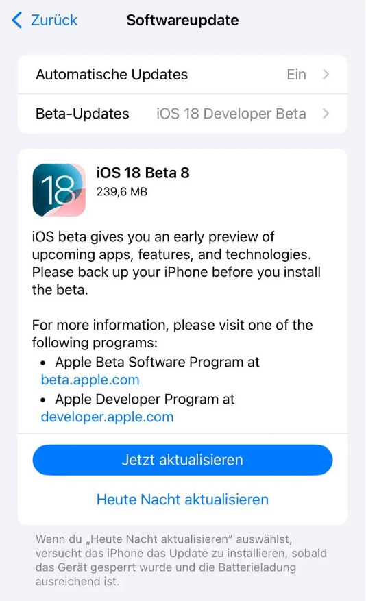 阿拉善右苹果手机维修分享苹果 iOS / iPadOS 18 开发者预览版 Beta 8 发布 